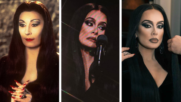 Close-ups of Angelica Houston as Morticia Adams and singer Adele dressed as the character.