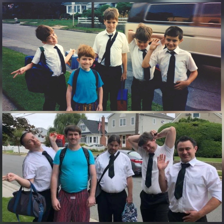 3. “For my mom’s sixtieth birthday, my brothers, my cousin, and I recreated a photo from my first day of kindergarten.”