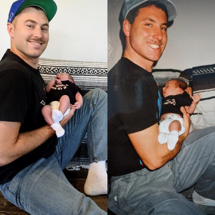 17. “Me with my newborn son, and my father holding me as a baby”