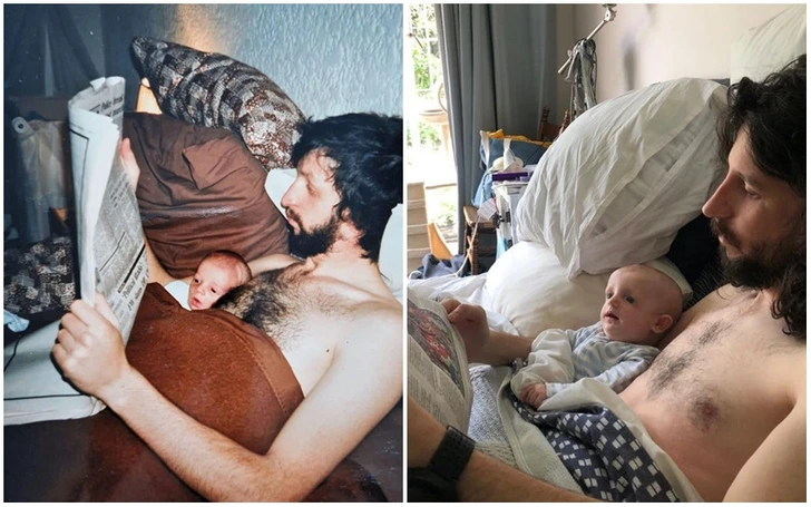 18. “Me reading the newspaper with my dad, circa 1989, and my daughter doing the same with me”