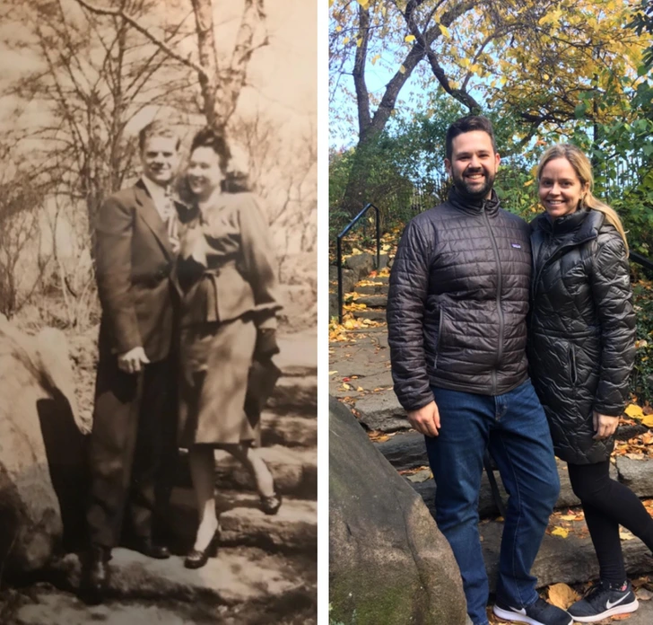 12. “My fiancé and I finally found the same spot in Central Park where my grandparents took this photo back in the ’40s.”